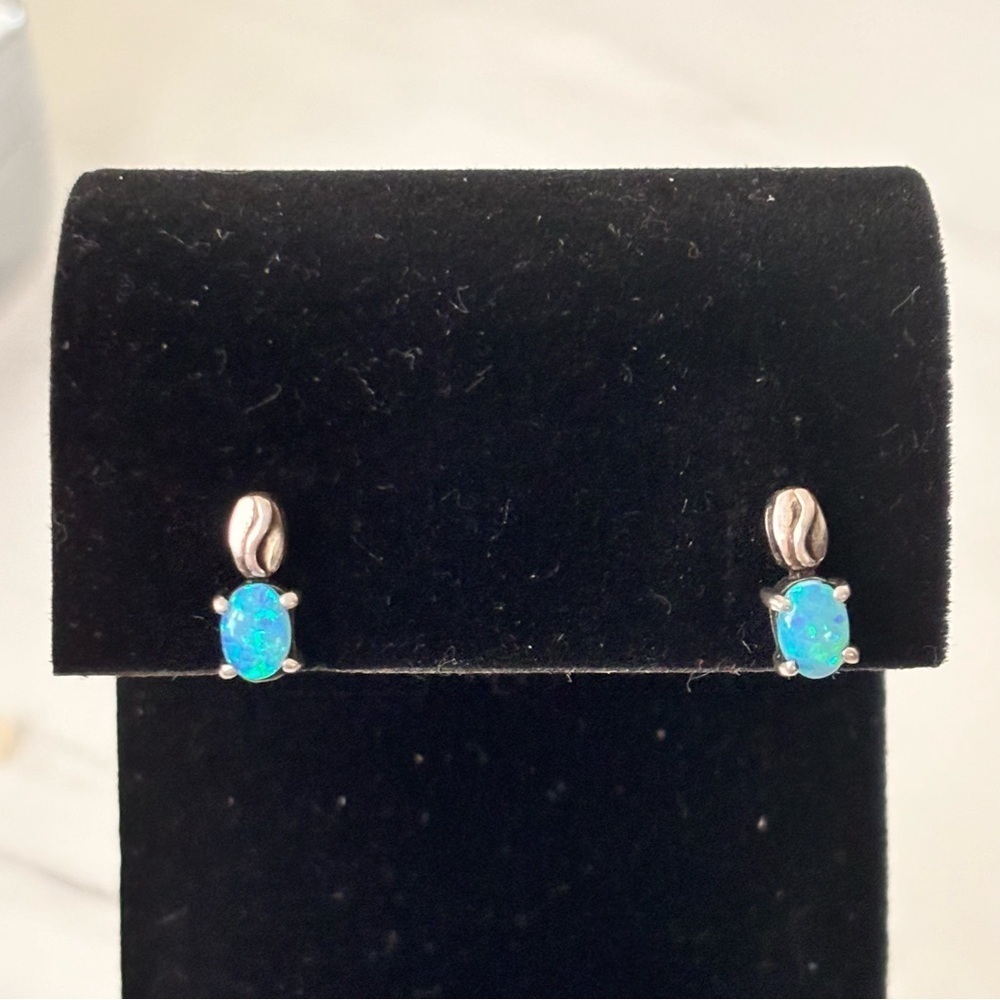 Sterling silver and blue opal stud dangle earrings